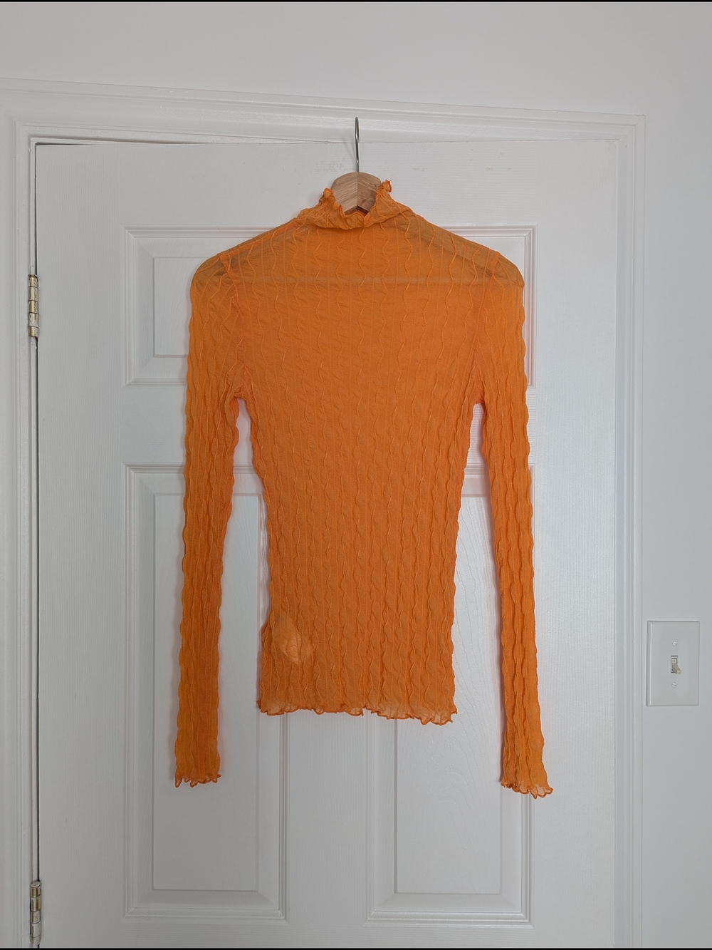 Find Me Now | Orange Mesh Long Sleeve Lettuce Hem Mock Neck Top | M